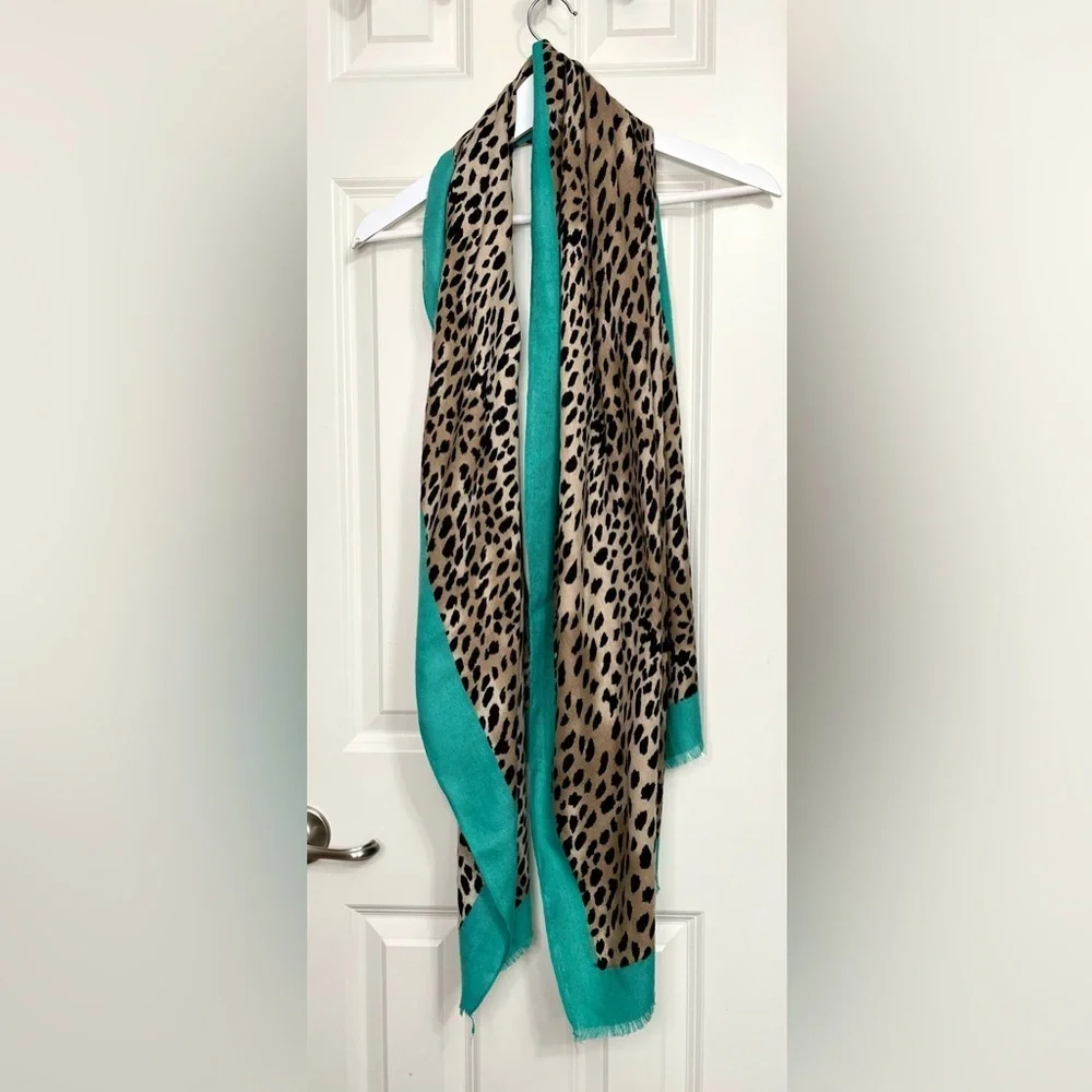 Oversized Cheetah Print Scarf with Teal Border
